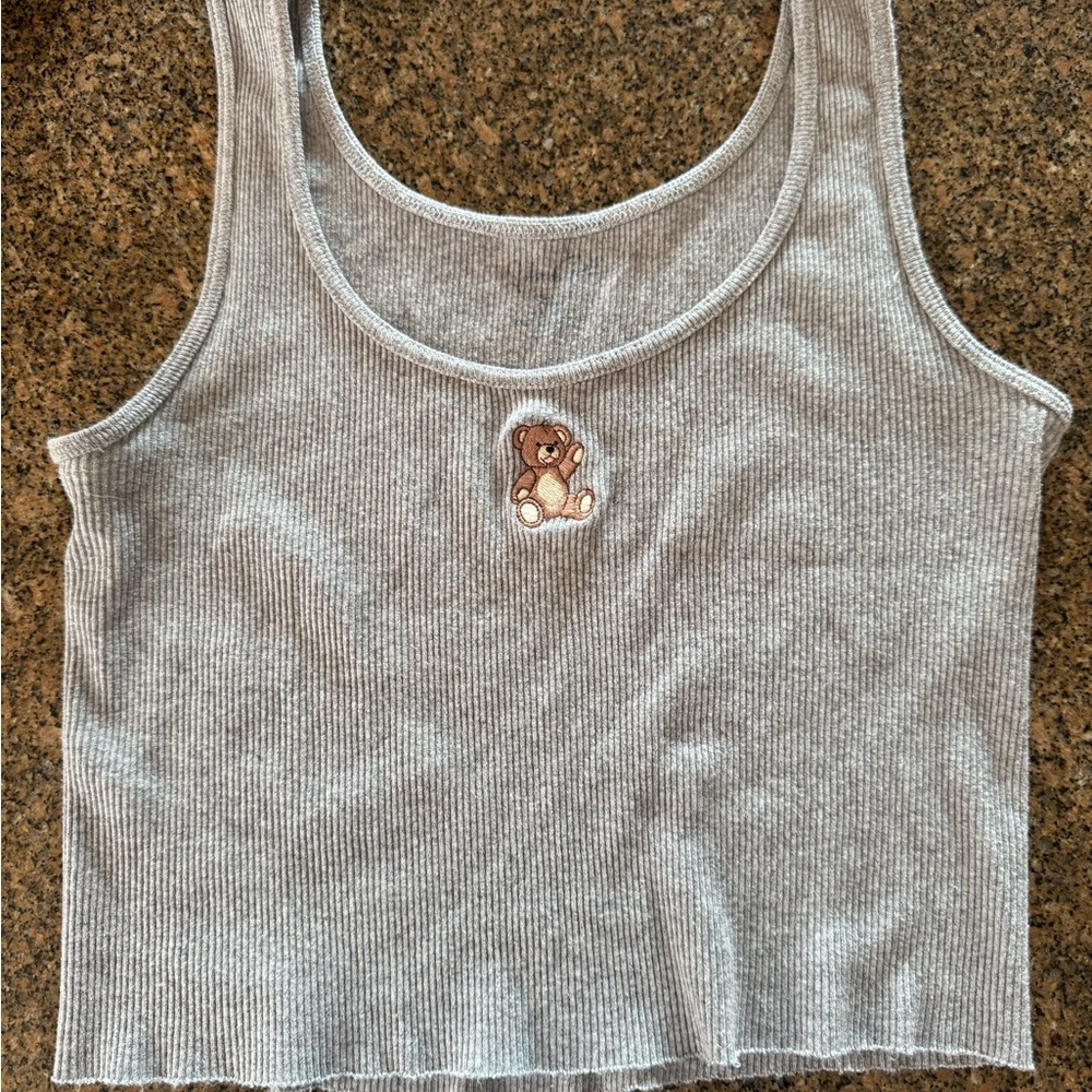 Brandy Melville Gray Ribbed Tank Top with Bear Patch